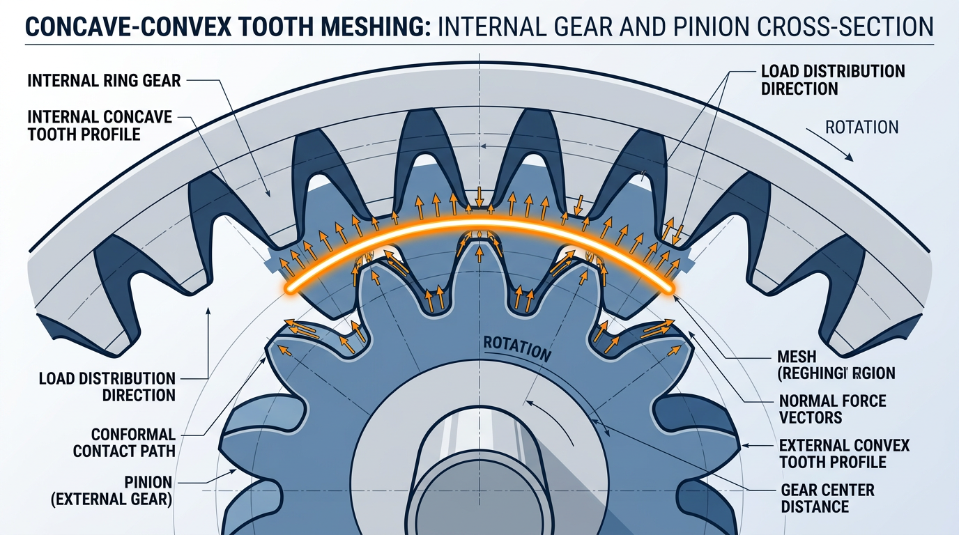 رسم تخطيطي للمقطع العرضي لتعشيق الترس الداخلي مع الترس الصغير، يوضح نمط تلامس الأسنان المقعر والمحدب الذي يوسع قوس التعشيق