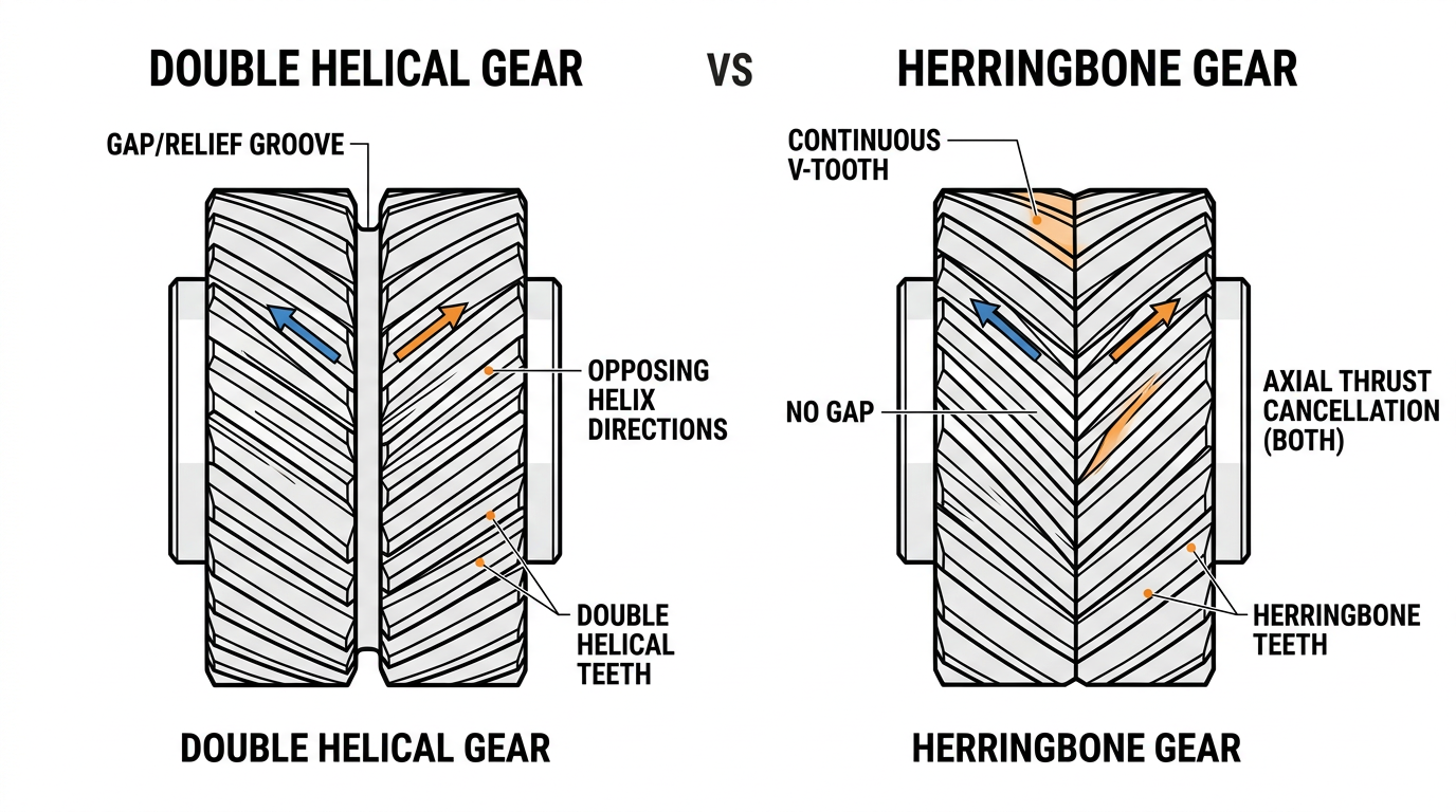 Double helical gear versus herringbone gear comparison showing central relief groove