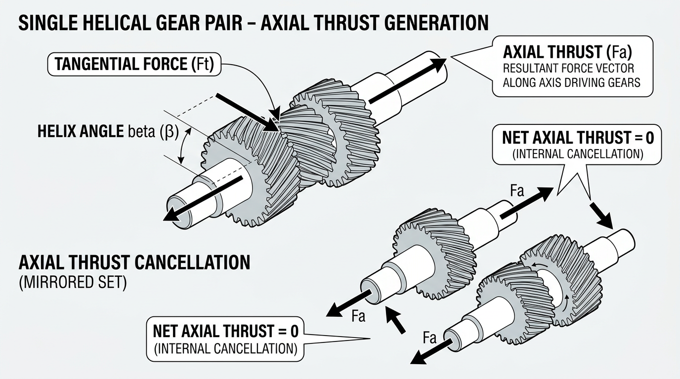 Axial thrust ratio variation with helix angle in a single helical gearbox