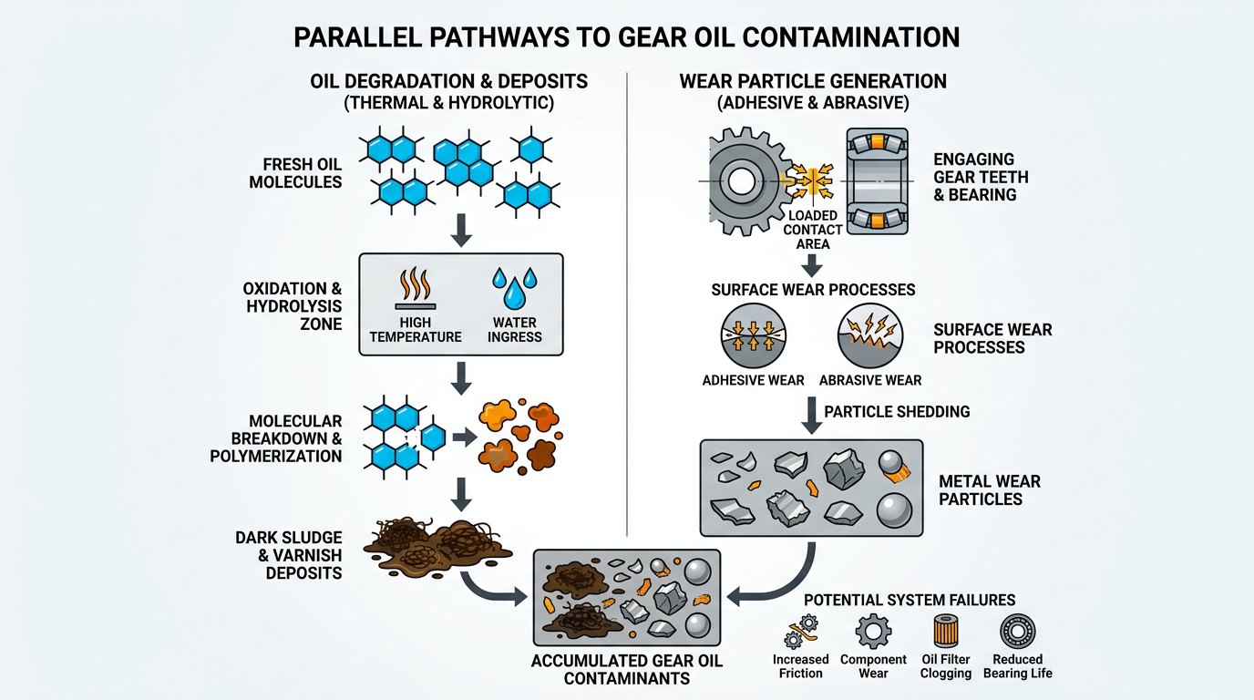 Gearbox Sludge vs Metal Shavings in Gear Oil 2 Causal pathway diagram showing gearbox sludge from oil chemistry versus metal shavings in gear oil from component wear